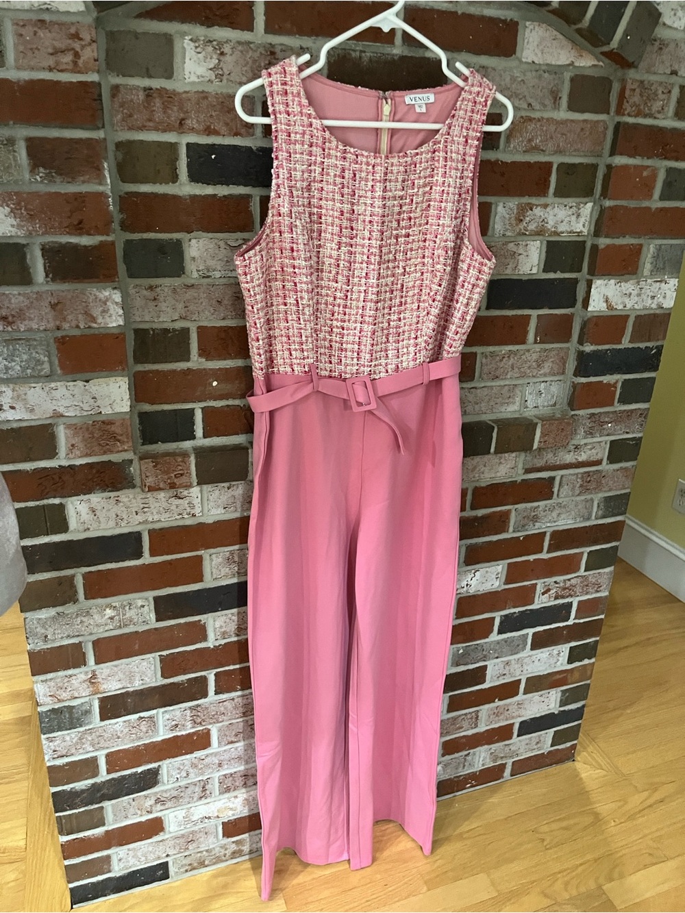 VENUS Pink Tweed Bodice Sleeveless Wide Leg Jumpsuit L NWT